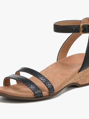 Vionic Orlanda Wedge Sandal Size 6 Black Leather Cork Heel Comfort Orthotic